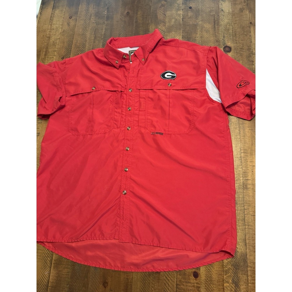 UGA Georgia Bulldogs Drake Red Short Sleeve Button Vented Fishing Shirt Mens XL